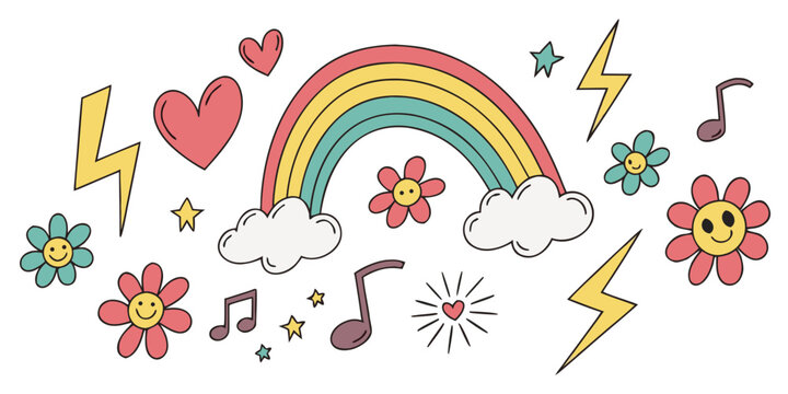 A colorful and whimsical illustration of various objects and shapes floating in the sky Vector