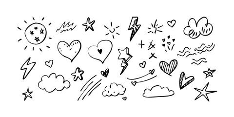 Obraz premium A delightful array of whimsical doodles featuring hearts, stars, and clouds. Vector