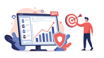 Digital marketing concept features a computer monitor showing growth charts protected by a cybersecurity shield.