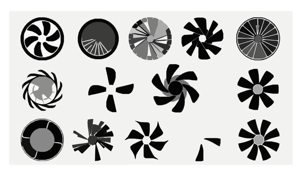 Modern ventilation and cooling fan propeller silhouettes with rotary turbine shapes vector set