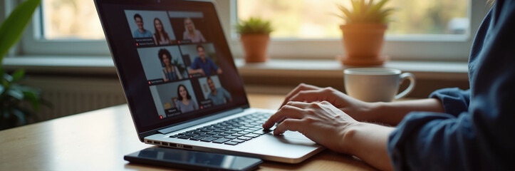 Remote work setup with person engaging in video conference on laptop, screen displaying multiple participants, warm lighting creating inviting atmosphere.