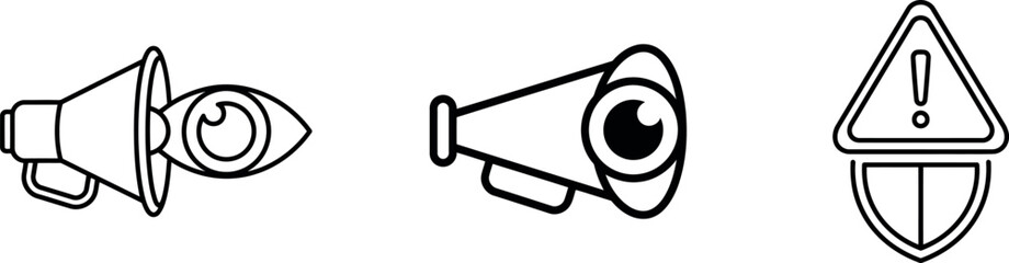Security alert outline icons featuring megaphone eye and warning shield sign isolated on transparent background