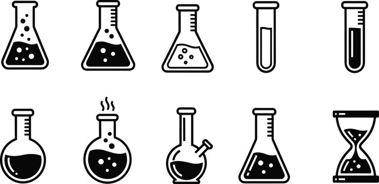 Laboratory glassware icons set, chemistry experiment flasks, scientific research equipment, test tubes, hourglass timer, biotech analysis, medical lab vector symbols, pharmacy science,