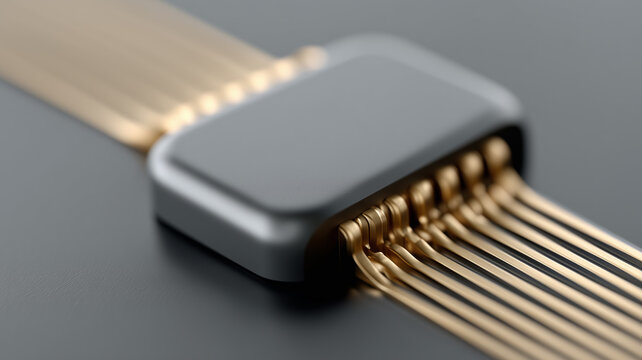Isometric view of a futuristic tech component with multiple parallel gold pins connecting to a brushed metal processor.
