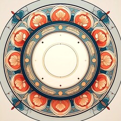 Intricate circular mandala design featuring floral motifs and concentric rings in a warm, pastel palette