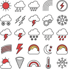 Fototapeta premium Weather icons set with rain, sun, snow, and storm symbols for forecasting and climate design