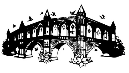 Obraz premium A black and white vector illustration of a Gothic-style castle with a bridge and flowers