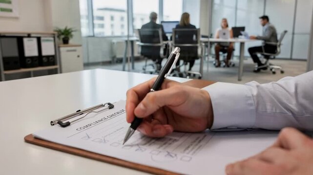 Selective focus on a compliance checklist being marked off with a blurred HR office setting to illustrate the ongoing internal HR audit documentation.