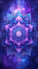 Intricate, colorful mandala with layered petals in blue, purple and gold hues, radiating from a bright center