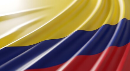 Obraz premium Close-up view of the vibrant and flowing Colombian flag, showcasing its yellow, blue, and red stripes in a dynamic wave.