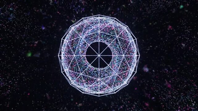 A glowing white geometric shape with a circular void center against a starry night sky background with scattered colorful specks.