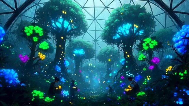 glowing forest canopy in biodome mist drifting through glass ribs botanist recording phosphorescent growth, child visitor marveling at floating pollen, drone mapping treetop pathways