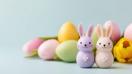 Fototapeta premium Colorful Easter Eggs and Adorable Bunnies Celebrating Spring in a Cheerful Scene