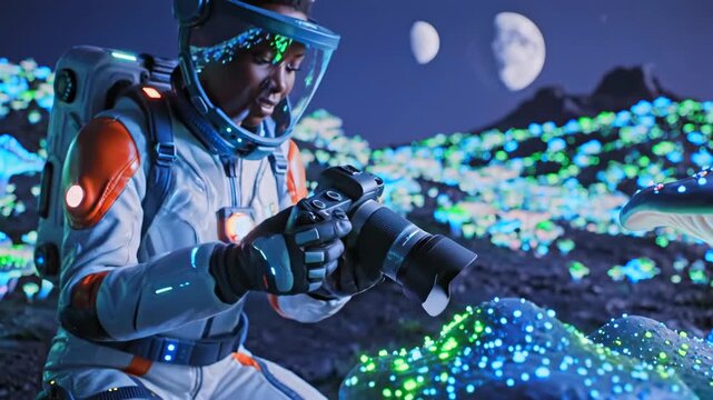 Black astronaut photographer documents bioluminescent mushrooms under moonlight, close macro shots with camera lens, glowing spores, rolling cratered plain and quiet contemplative atmosphere
