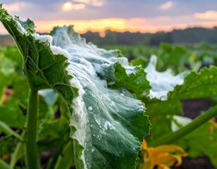 Zucchini leaf with powdery mildew in a field at sunset