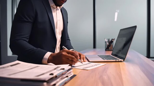 black man manager reviewing documents at desk, laptop open with reports, stacked files and folders, pen and notepad, focused analysis in modern glass office, deadlinedriven workflow