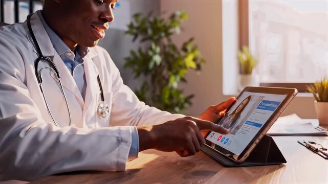 black man doctor using tablet for consultation, viewing digital charts and patient records, stethoscope around neck, sunlight in clinic, warm plant decor, professional and empathetic care