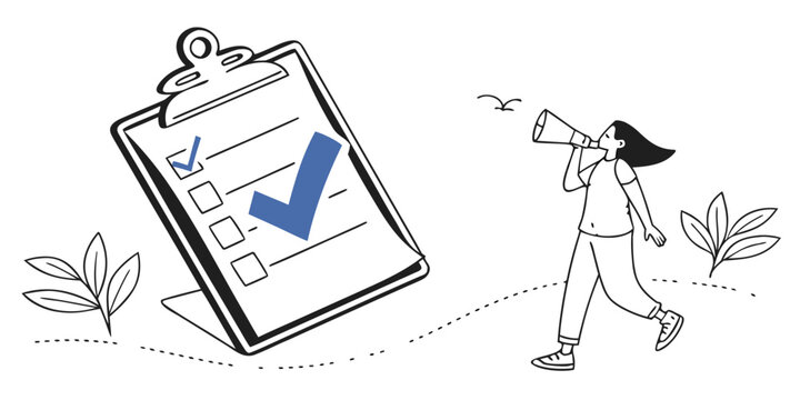 A person in a suit and hat stands next to a clipboard with a blue arrow pointing downwards. Vector