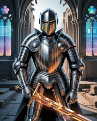 Futuristic armored knight with glowing sword standing in ruined gothic cathedral fantasy warrior illustration