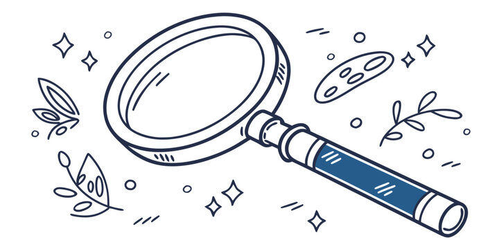 A magnifying glass revealing various small objects and debris Vector