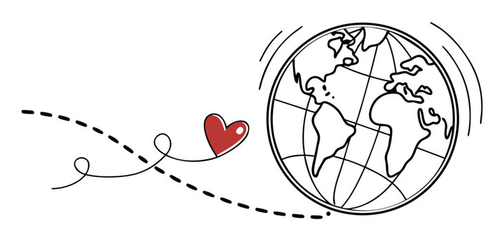 A heart-shaped symbol flying towards a globe with a dotted line trail. Vector