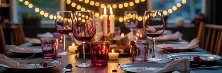 Elegant outdoor dinner party table with candles and string lights romantic evening celebration and festive holiday gathering