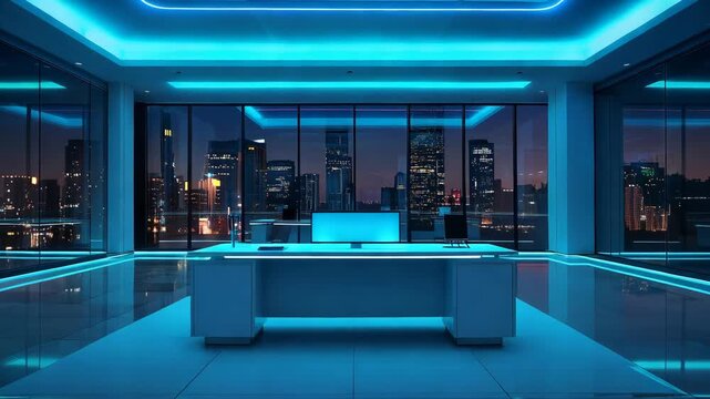Futuristic office interior with neon lighting and cityscape view at night enhancing design and modern technological ambiance