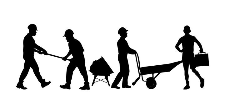 Silhouettes of construction workers carrying various tools and equipment Vector