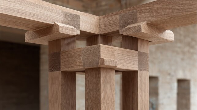 Close Up Timber Frame Joints in Traditional Carpenter Craft.