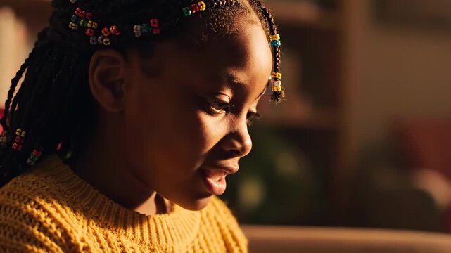 young girl in yellow sweater reading at home braided hair with colorful beads warm golden lamplight thoughtful expression evening study intimate closeup capturing concentration childhood
