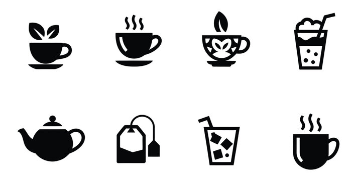 Tea icons illustrating green tea, black tea, herbal tea, and chai latte drinks in filled vector style for beverage design