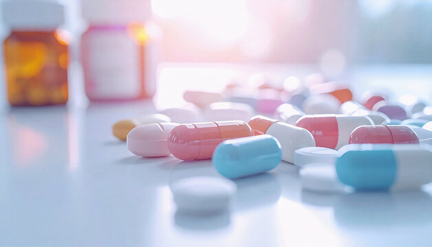 Assorted pills and capsules on white table representing pharmaceutical medicine and healthcare treatment concept.