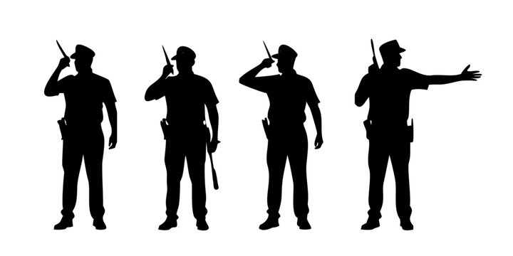 Four police officers in different poses with hats and batons. Vector