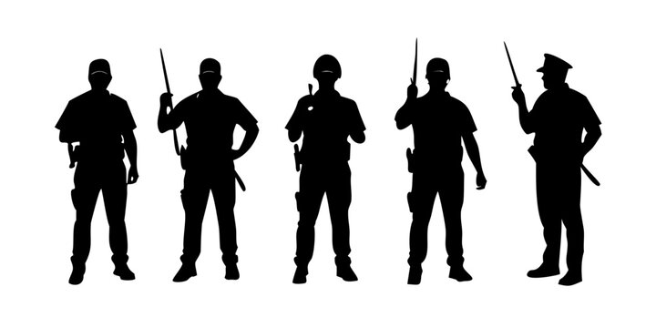 Five silhouettes of armed law enforcement officers in various poses Vector