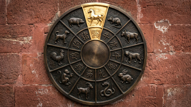 Mysterious Chinese zodiac calendar wheel with twelve animal sign for astrology. An ancient bronze symbol on red brick wall highlighting gold horse, representing fate and tradition