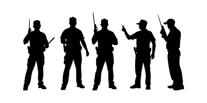 Five police officers standing in a row with different poses and equipment Vector