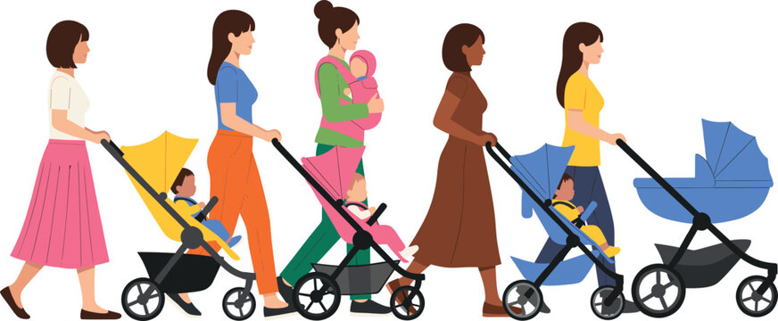 Diverse group of mothers walking with babies in colorful strollers and carriers for parenting family lifestyle and motherhood concept vector illustration