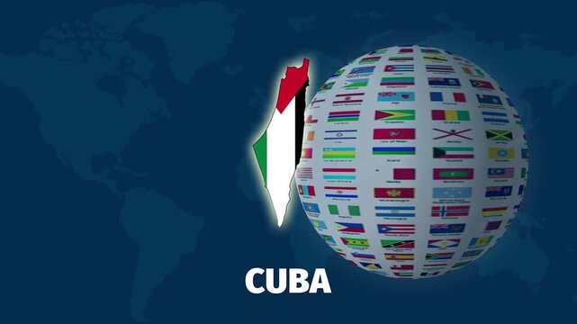 Cuba map zoom in animation, rotating flag globe with blue background