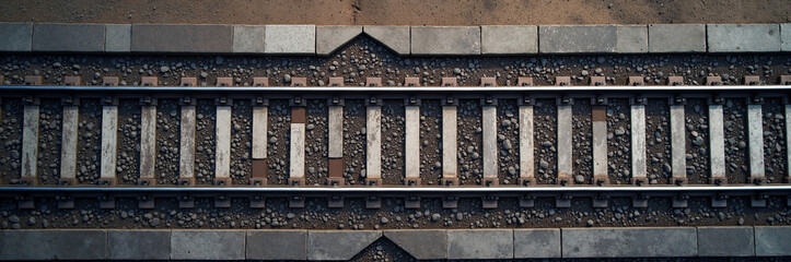 Naklejka premium Train tracks viewed from above showing metal rails and wooden sleepers, details reveal gravel and stones supporting structure. Train tracks provide essential transport infrastructure for travelers.