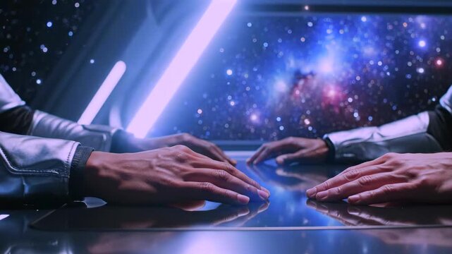 hands meet over reflective table with starfield through window, tense meeting atmosphere, palms and gestures imply negotiation and alliance planning, low light, metallic table, strategic