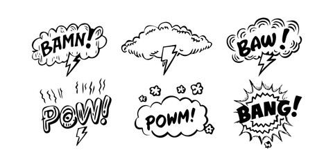 A collection of various comic book sound effect words in black and white Vector © leptop