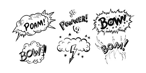A collection of comic book sound effect bubbles with various words. Vector © leptop