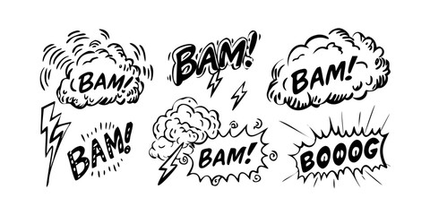 A dynamic illustration of various comic book sound effect words in bold, stylized fonts. Vector © leptop
