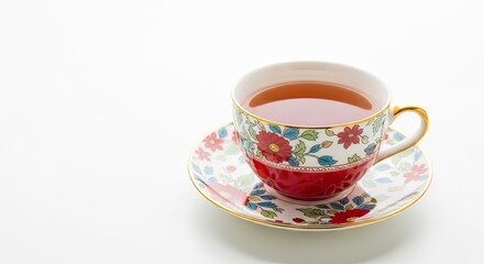 A beautifully decorated porcelain teacup and saucer, brimming with steaming herbal tea, set against a clean, bright white backdrop for a serene moment