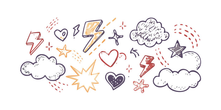 A whimsical illustration of various objects floating on clouds in a sky Vector