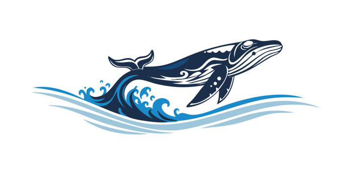 A majestic blue whale breaching the ocean surface with a smaller whale nearby. Vector