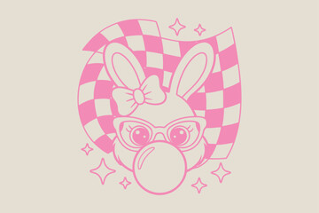 Retro Groovy Pink Easter Bunny with Glasses Blowing Bubblegum and Checkered Flag, T-shirt Design, funny t shirt
