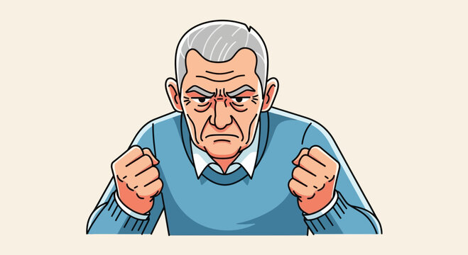 Angry senior man with clenched fists expressing frustration and rage.