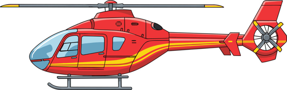 Red helicopter vector illustration featuring a modern rescue chopper with yellow stripes and realistic cartoon design isolated on a clean white background.