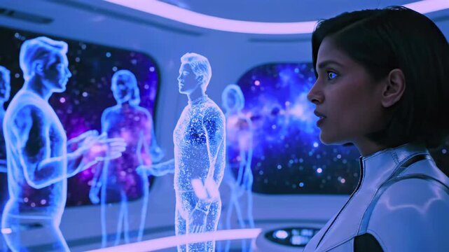 officer studies holographic crew projections in command bridge, blue figures float before panoramic star window, data overlays and silhouettes create analytical mood, focused expression,